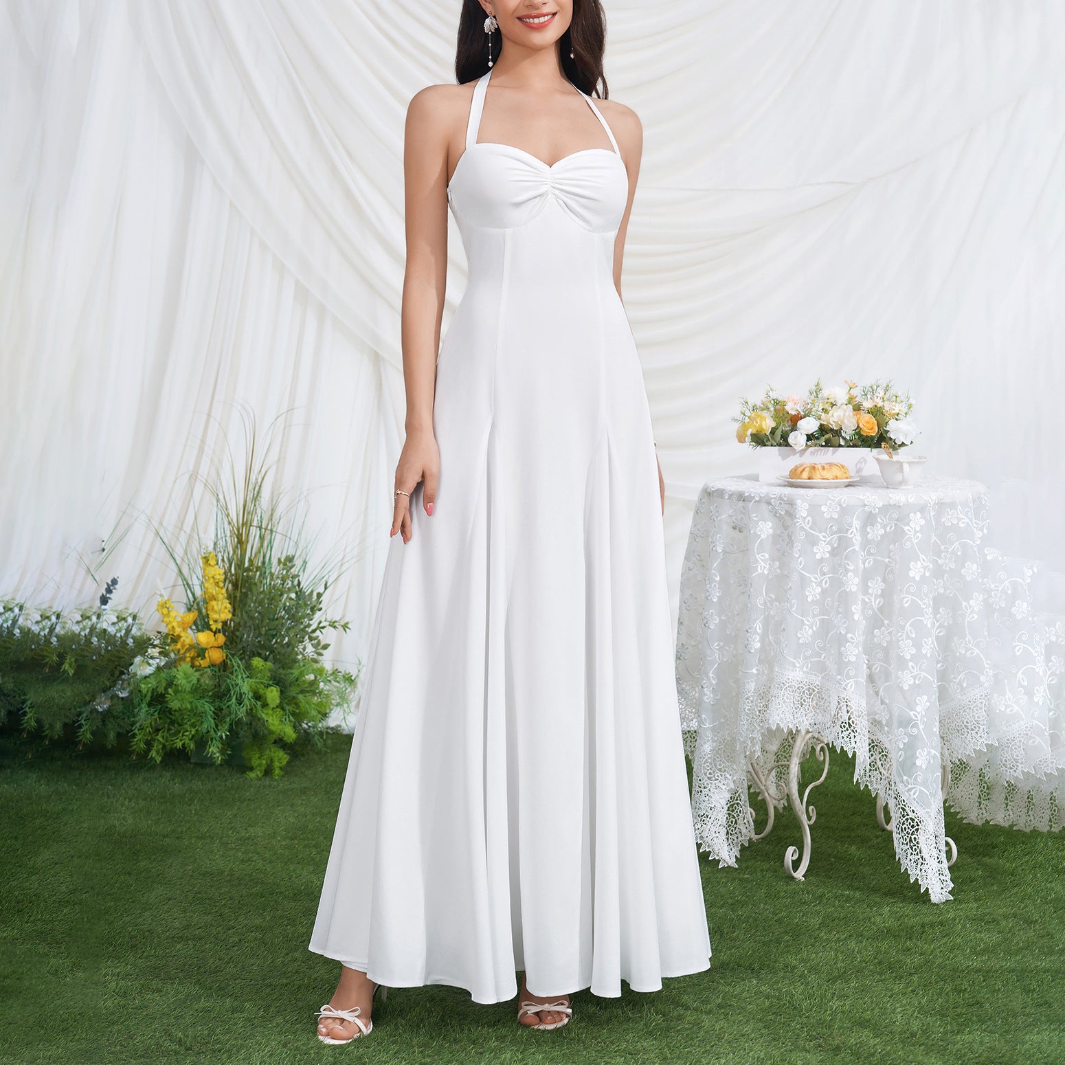 HALTER TWIST BUST FLOWY CHIFFON WEDDING MAXI DRESS