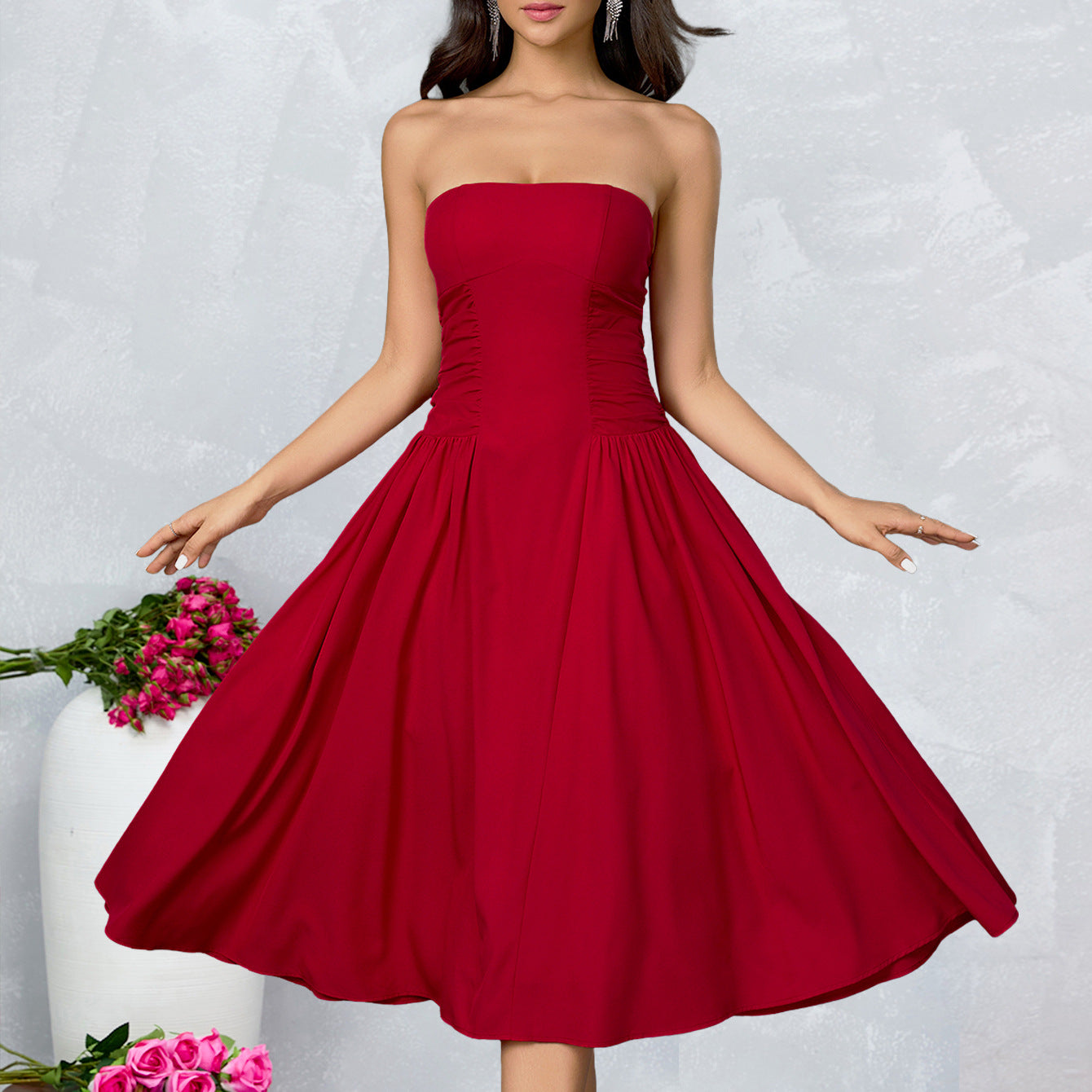 O1CN01IqvIFY23jKp6Ww8m7__3423897291-0-cib STRAPLESS RUCHED FLARED MIDI DRESS FOR WEDDING