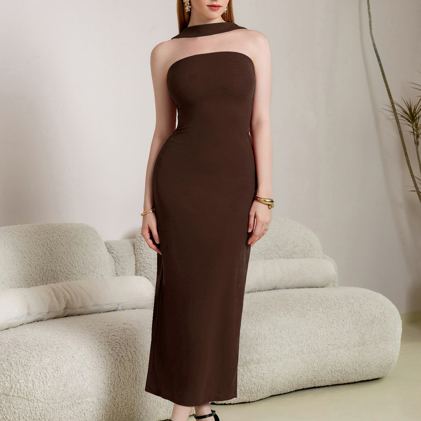 HALTER CHOKER STRAPLESS BODYCON MIDI DRESS