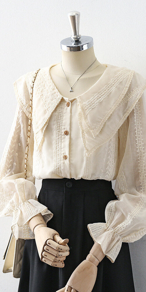 DOUBLE LAYER LACE LAPEL RUFFLE CUFF EMBROIDERY LONG SLEEVE BLOUSE