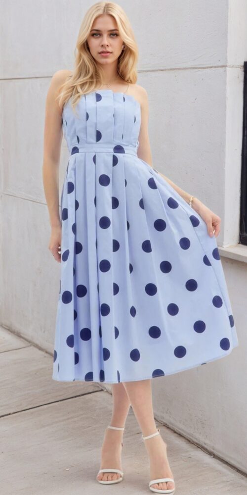 O1CN01Jr9ig61zMCIbY76Il__2217524266699-0-cib LIGHT BLUE POLKA DOT STRAPLESS MIDI SWING DRESS VINTAGE HOLIDAY