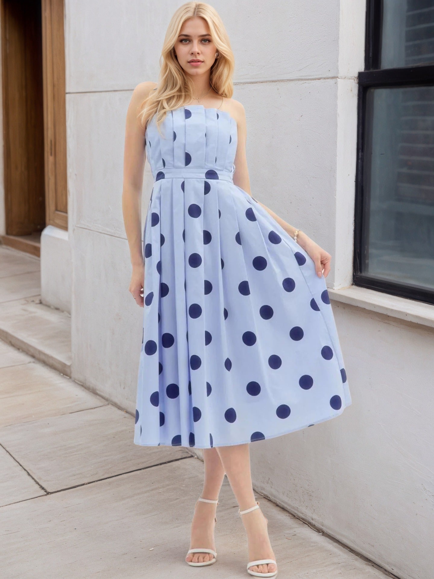 O1CN01Jr9ig61zMCIbY76Il__2217524266699-0-cib LIGHT BLUE POLKA DOT STRAPLESS MIDI SWING DRESS VINTAGE HOLIDAY