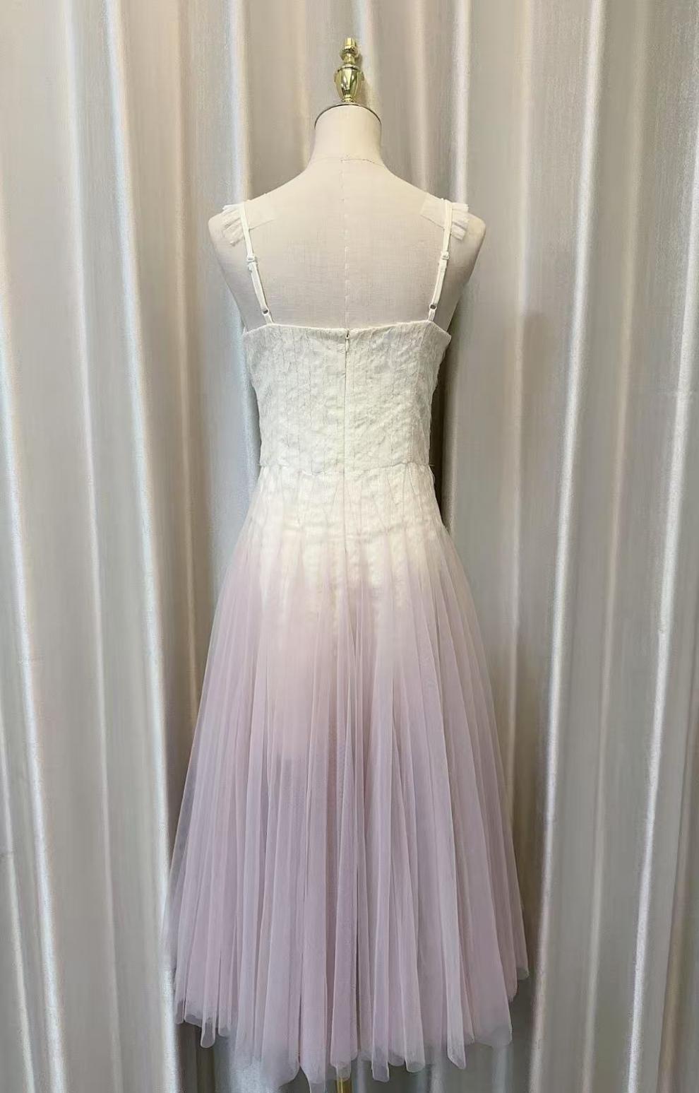GRADIENT TULLE MIDI DRESS RUFFLE STRAPS WEDDING GUEST