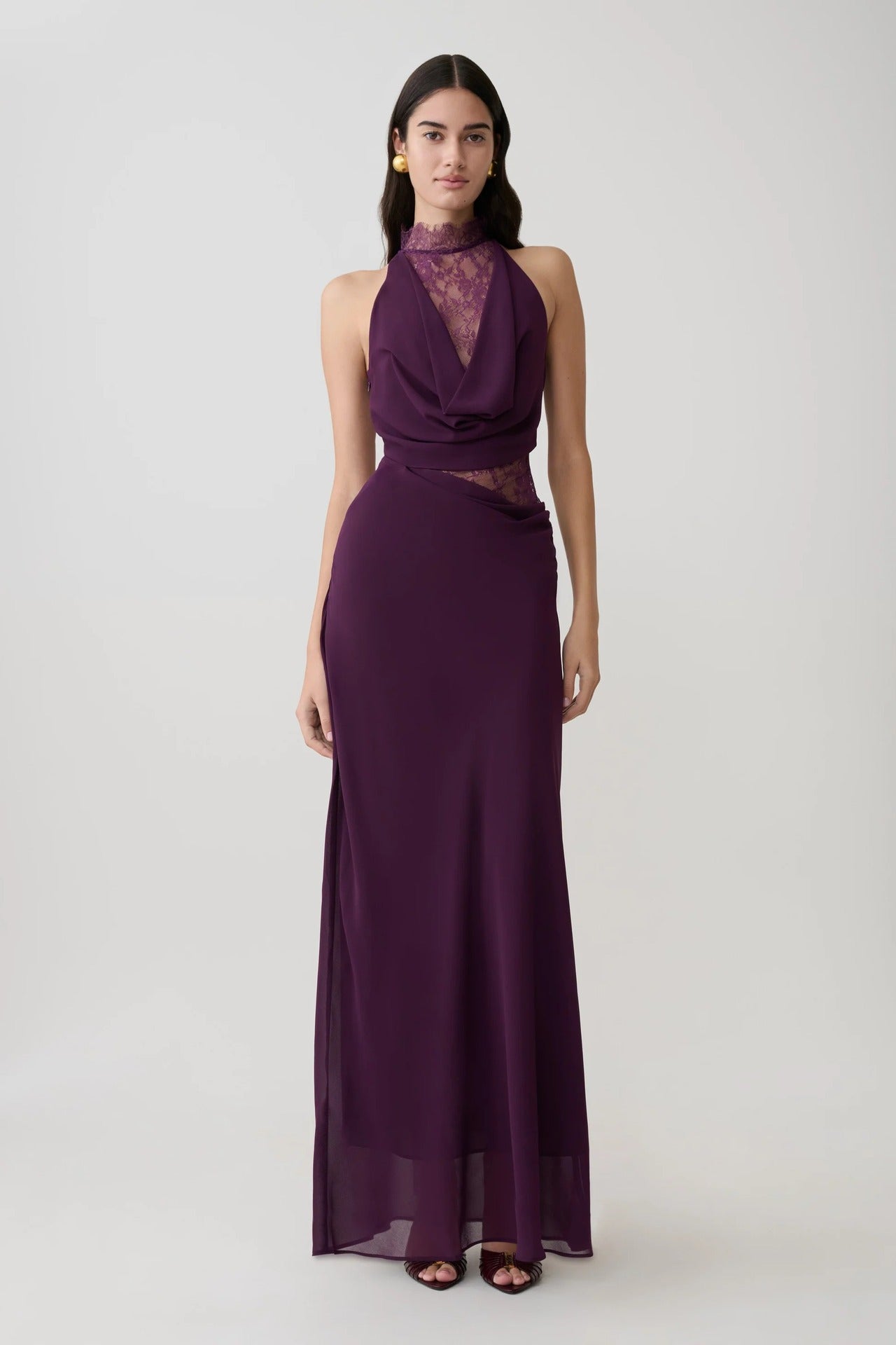 HALTER LACE CUTOUT DRAPED MAXI GOWN