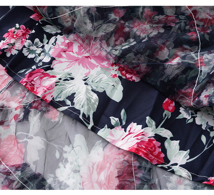 NAVY FLORAL SHEER ORGANZA A-LINE MIDI DRESS 3D RUFFLE