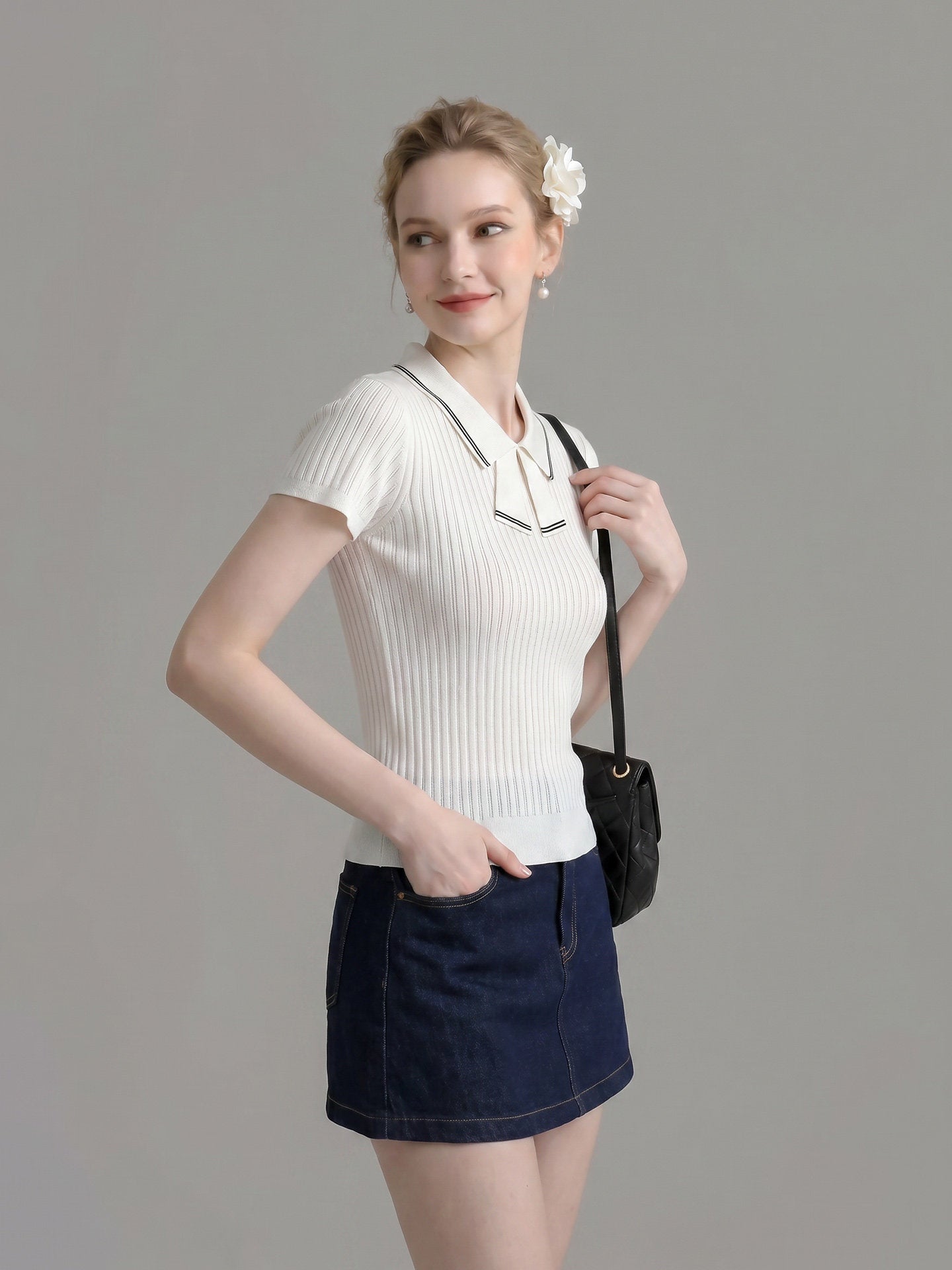 STRIPED BOW TIE KNIT TOP, SHORT SLEEVE CASUAL STYLE