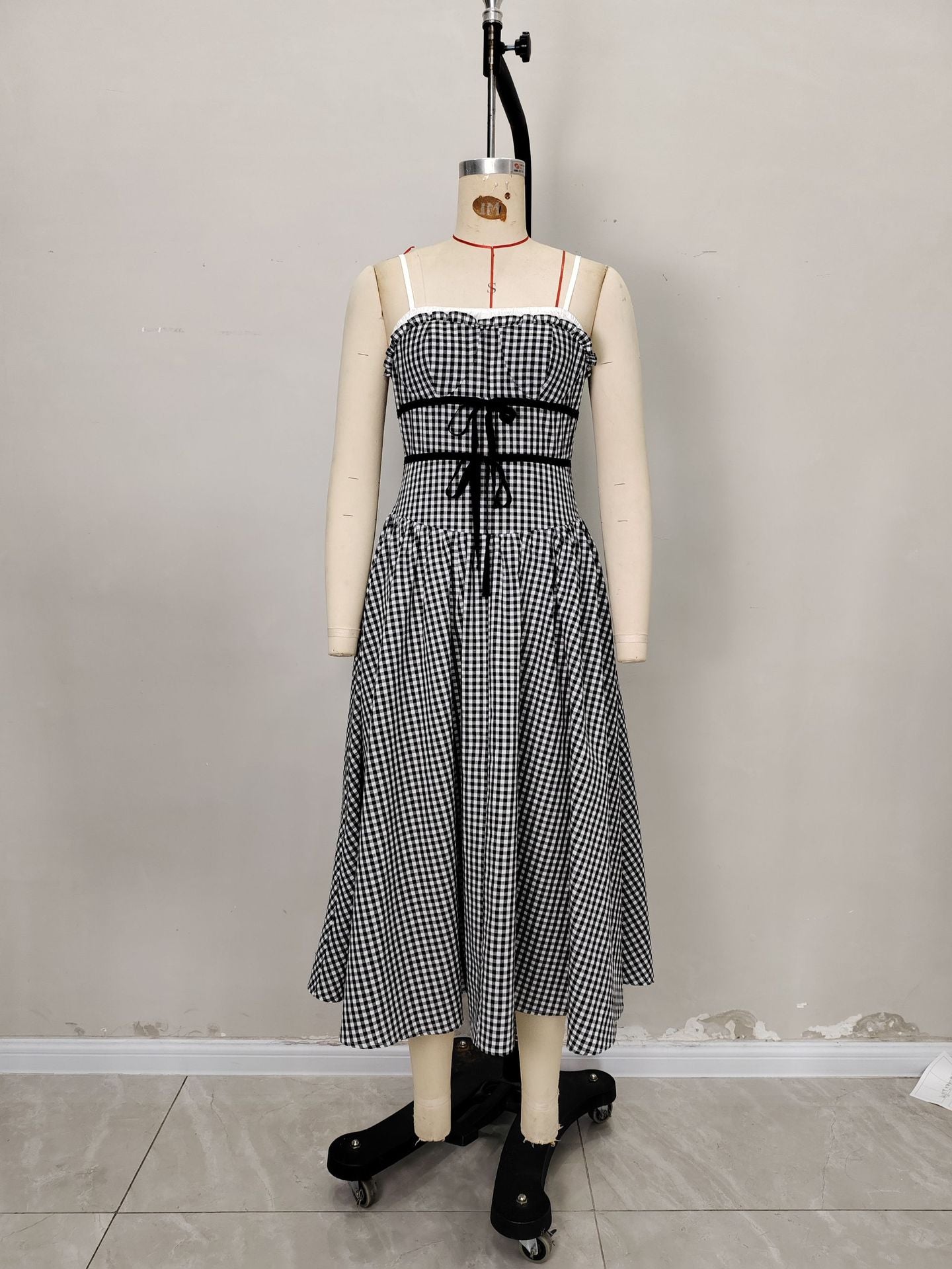 O1CN01KYmOij1zMCIdl3l1e__2217524266699-0-cib BLACK WHITE GINGHAM RUFFLE CAMI SELF-TIE WAIST FLOWY MIDI DRESS