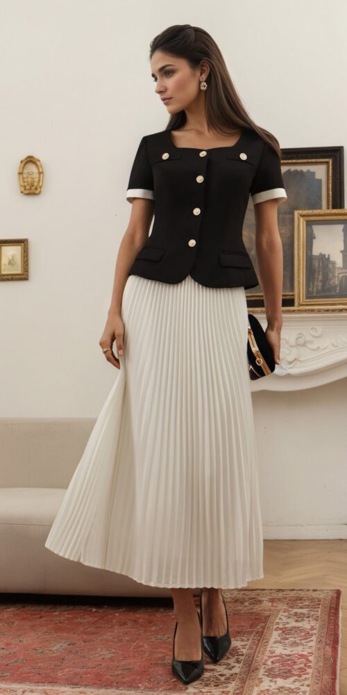 O1CN01Kbg6uu1zMCIF45EpF__2217524266699-0-cib BLACK SQUARE NECK GOLD BUTTON JACKET & PLEATED MIDI SKIRT SET