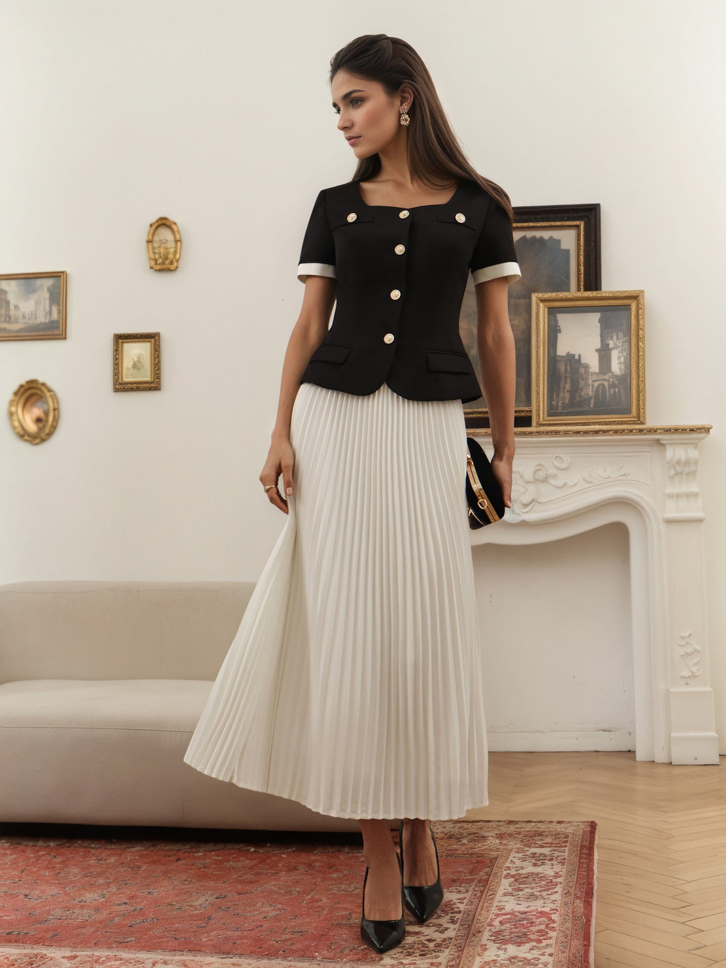 O1CN01Kbg6uu1zMCIF45EpF__2217524266699-0-cib BLACK SQUARE NECK GOLD BUTTON JACKET & PLEATED MIDI SKIRT SET