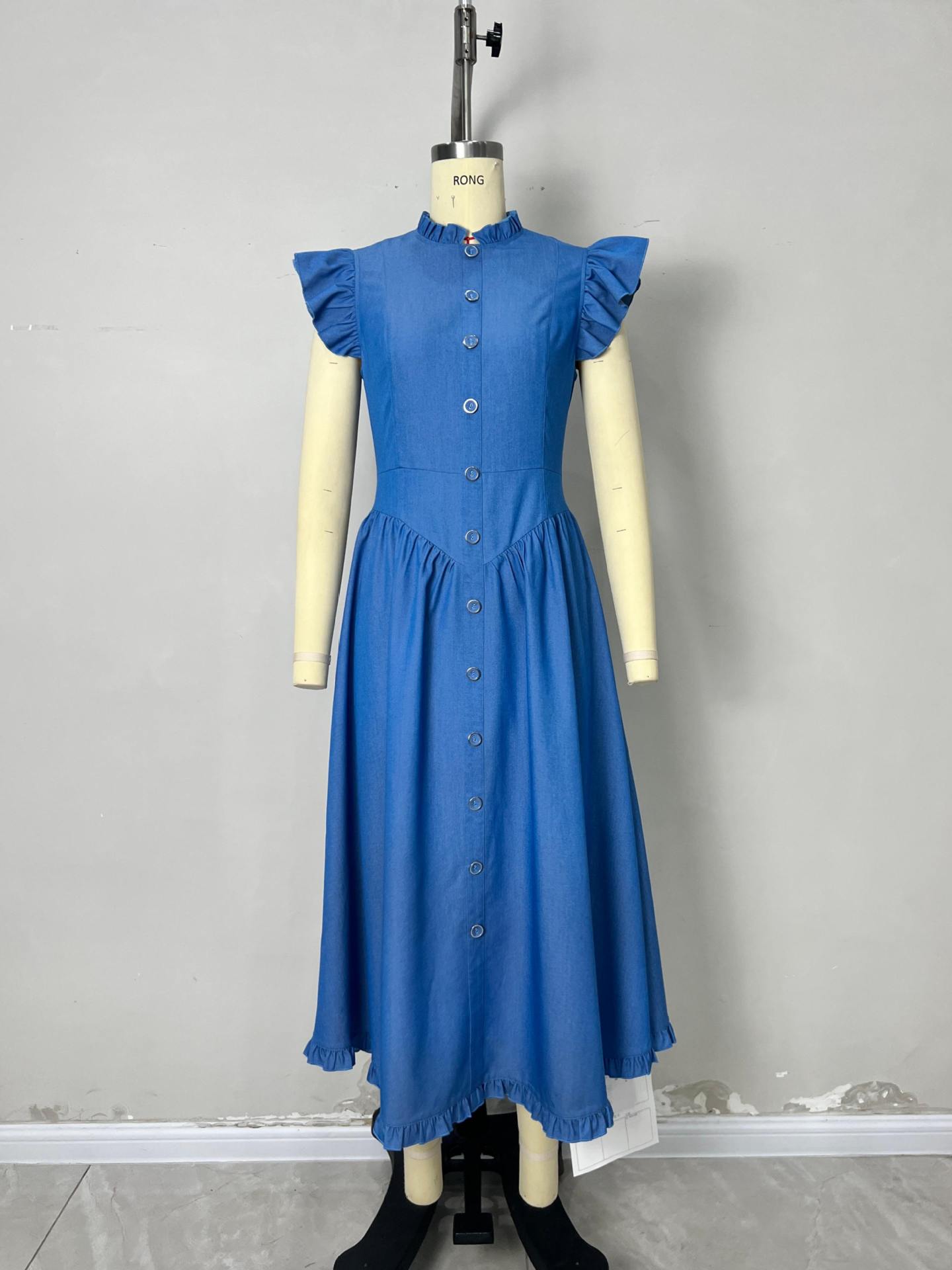 O1CN01KrzAF31zMCJGAToGr__2217524266699-0-cib BLUE RUFFLE CAP SLEEVE BUTTON FRONT FLARED MIDI DRESS