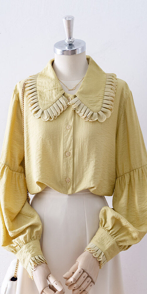 LAYERED RUFFLE COLLAR PUFF LONG SLEEVE TEXTURED BLOUSE