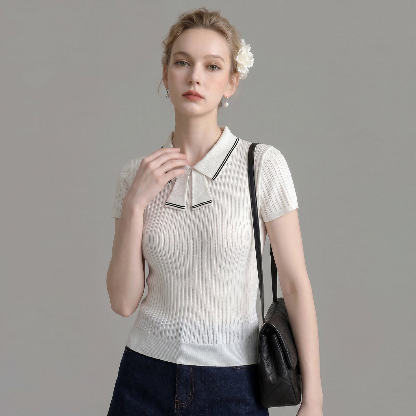 STRIPED BOW TIE KNIT TOP, SHORT SLEEVE CASUAL STYLE