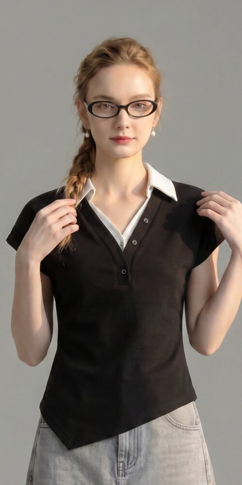 FAKE TWO PIECE COLLARED V NECK CAP SLEEVE ASYMMETRICAL HEM TEE