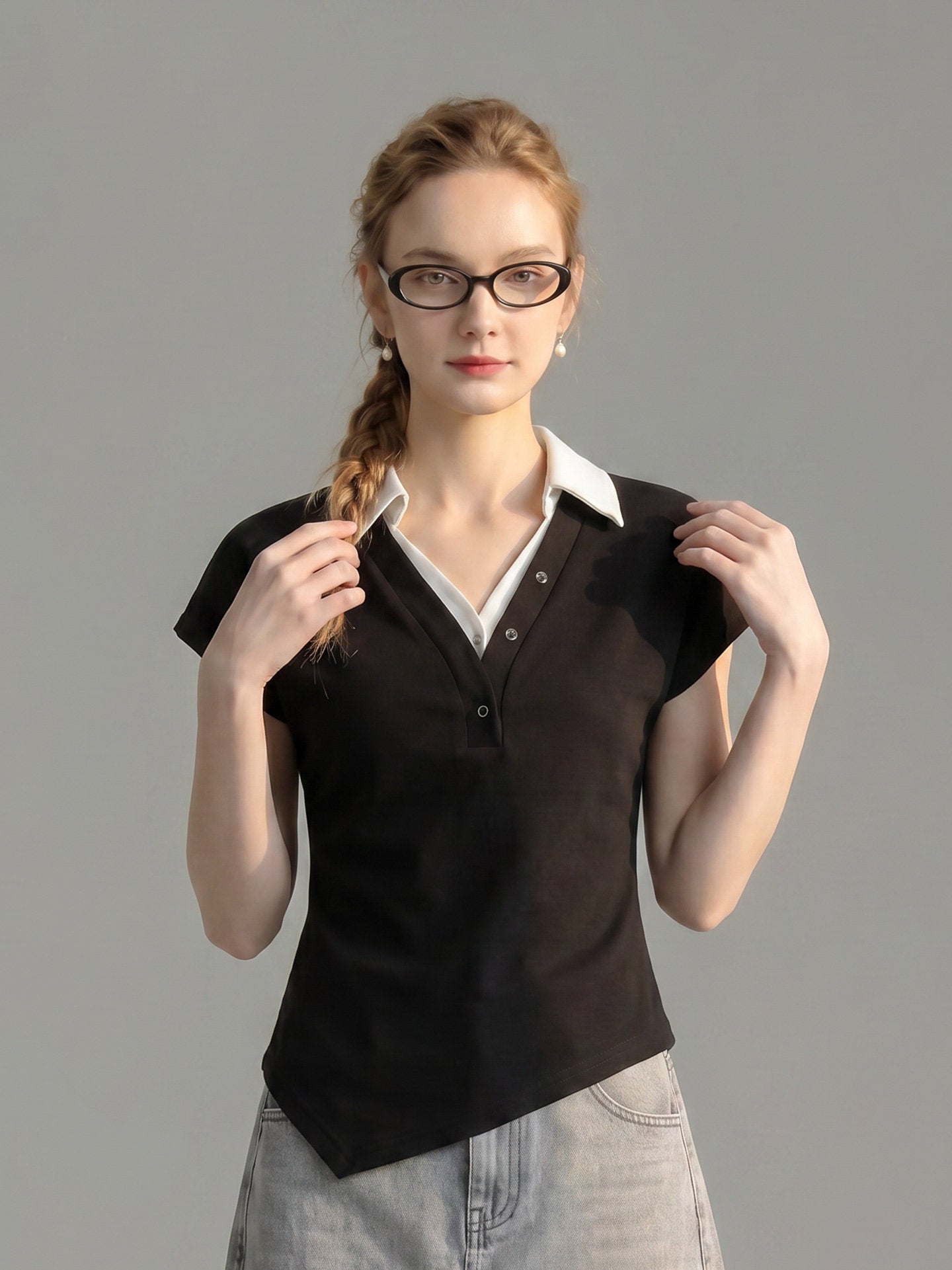 O1CN01LD7Hrc1fP8cLzDGrq__163593998 FAKE TWO PIECE COLLARED V NECK CAP SLEEVE ASYMMETRICAL HEM TEE