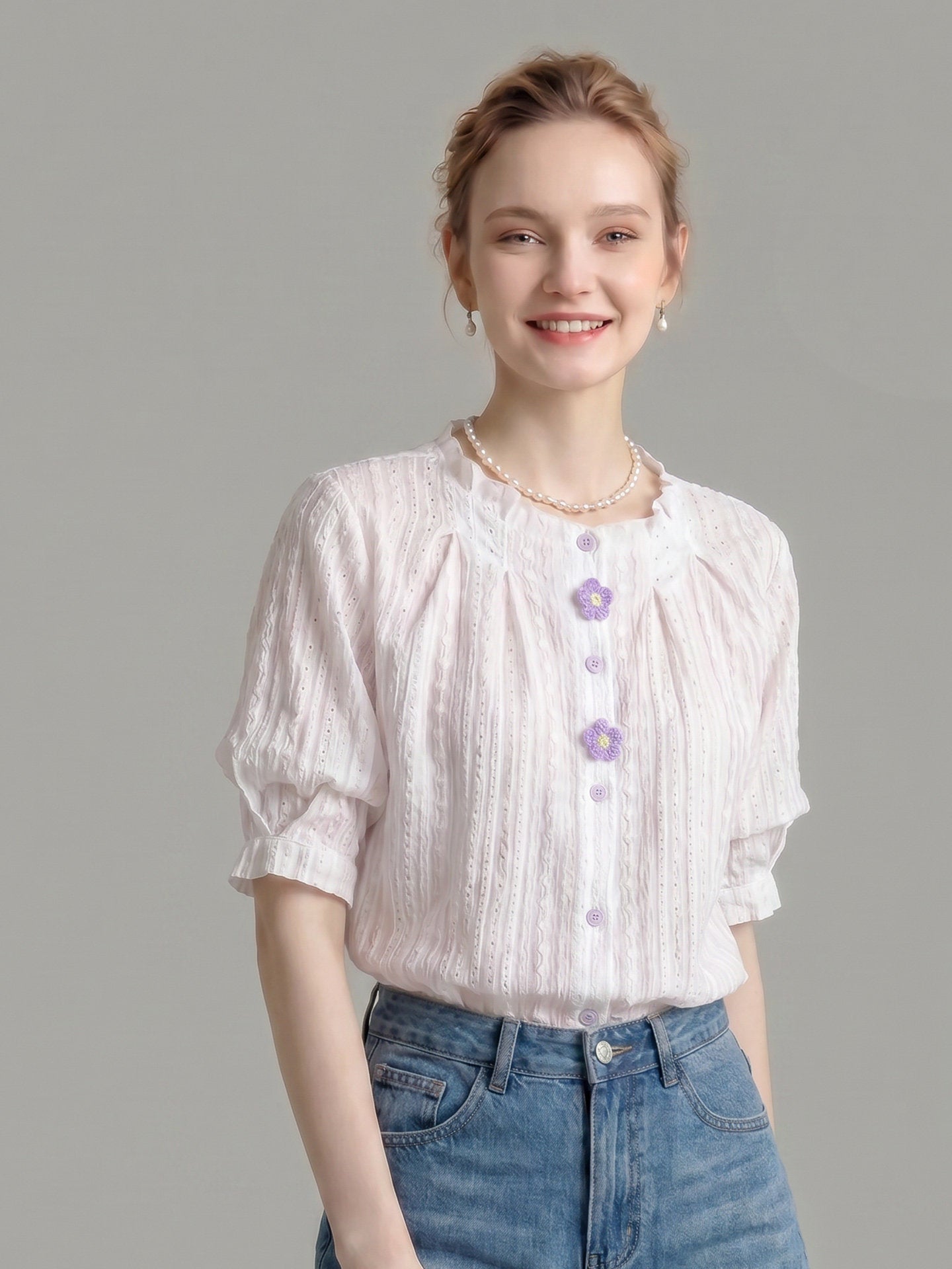 O1CN01LIcWli1fP8cT4cD1S__163593998 RUFFLED CREW NECK EYELET PUFF SLEEVE BLOUSE WITH FLORAL BUTTONS