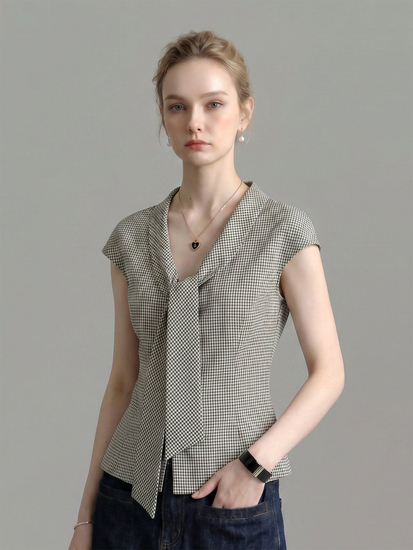 HOUNDSTOOTH LAPEL TIE-NECK CAP SLEEVE SLIM WORK BLOUSE