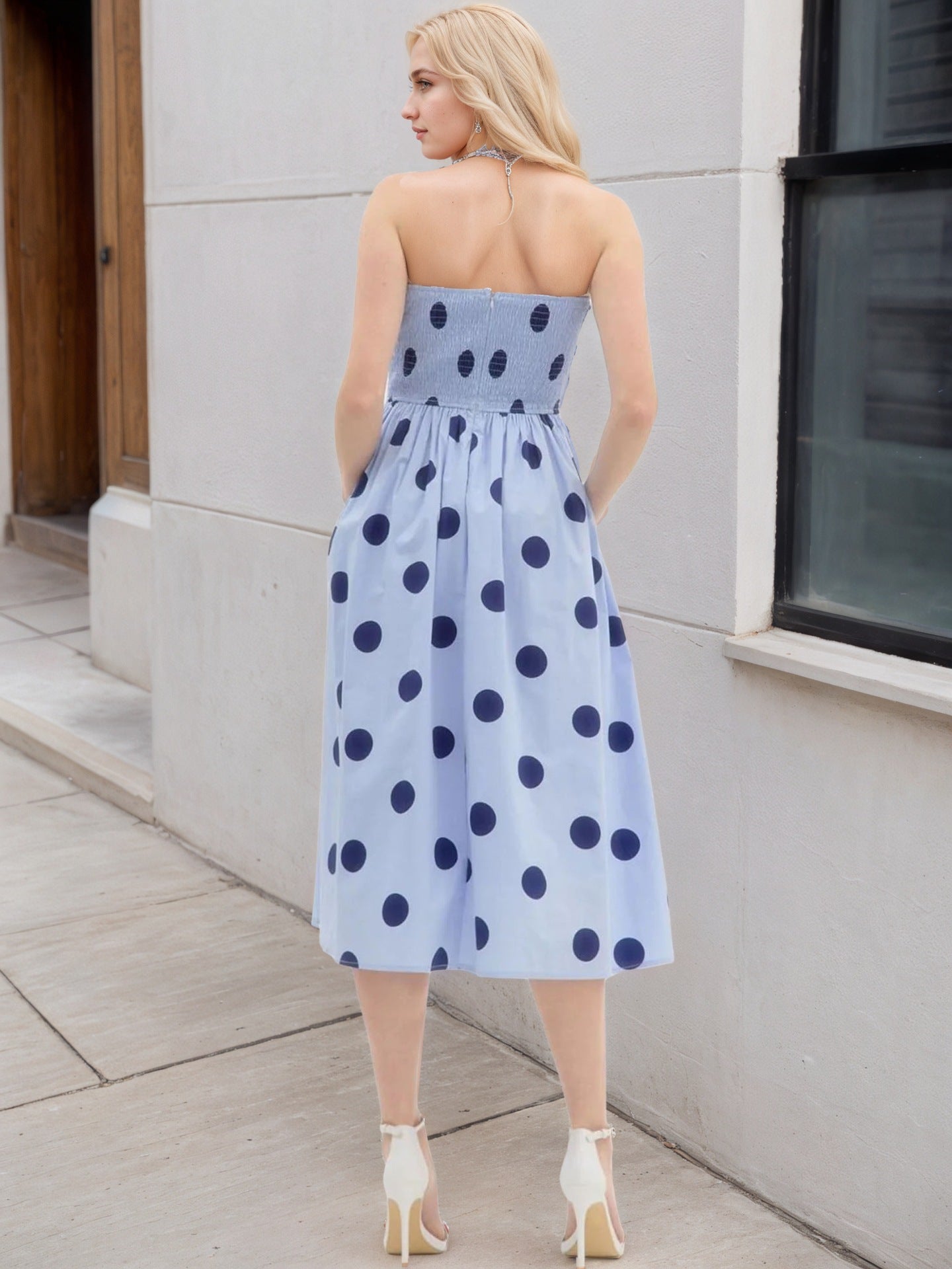 O1CN01LhuE9v1zMCIaS6NB9__2217524266699-0-cib LIGHT BLUE POLKA DOT STRAPLESS MIDI SWING DRESS VINTAGE HOLIDAY
