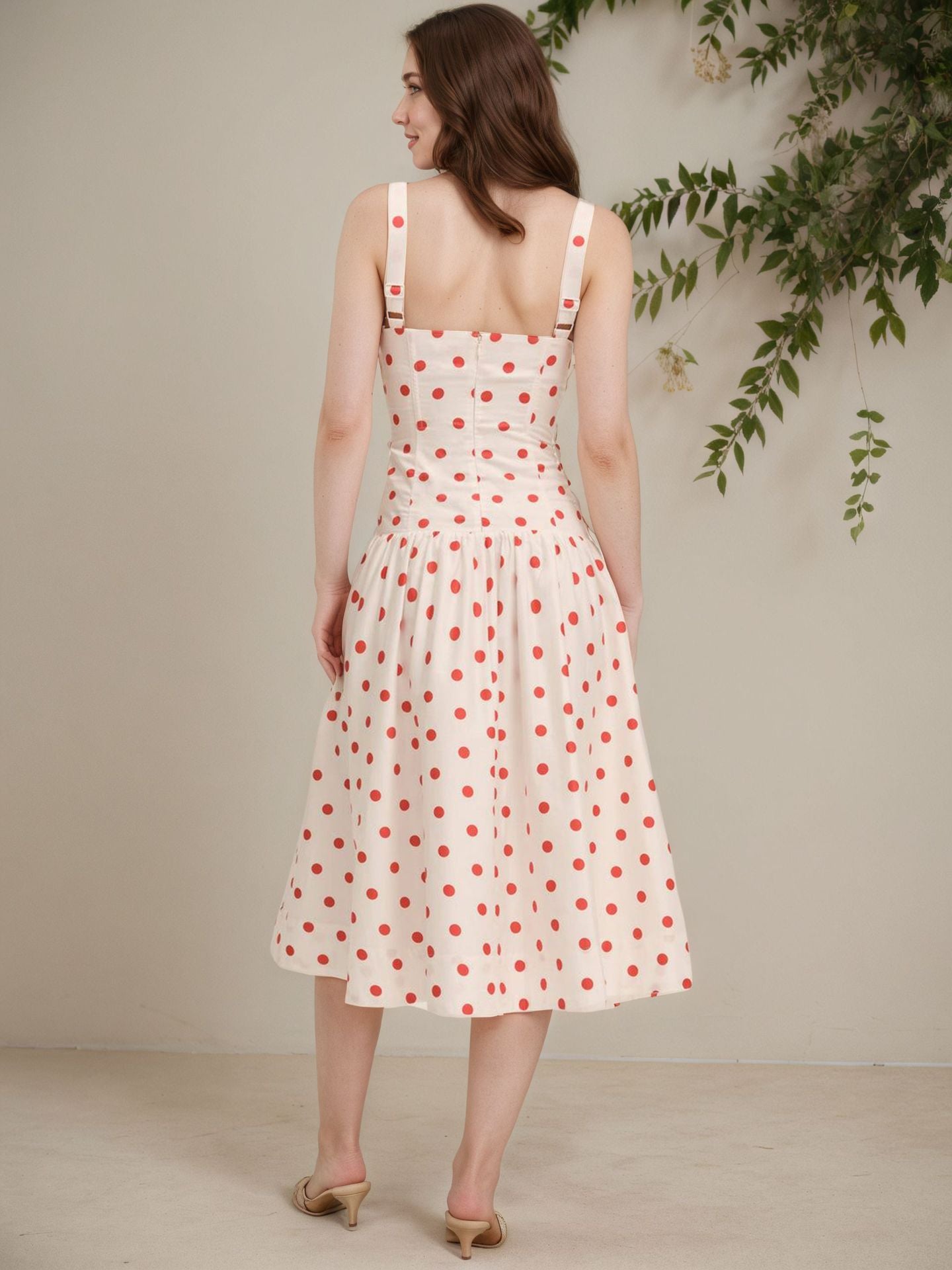 O1CN01Lk2npa1zMCIRp3djp__2217524266699-0-cib CREAM RED POLKA DOT FLARED MIDI BUTTON FRONT DRESS