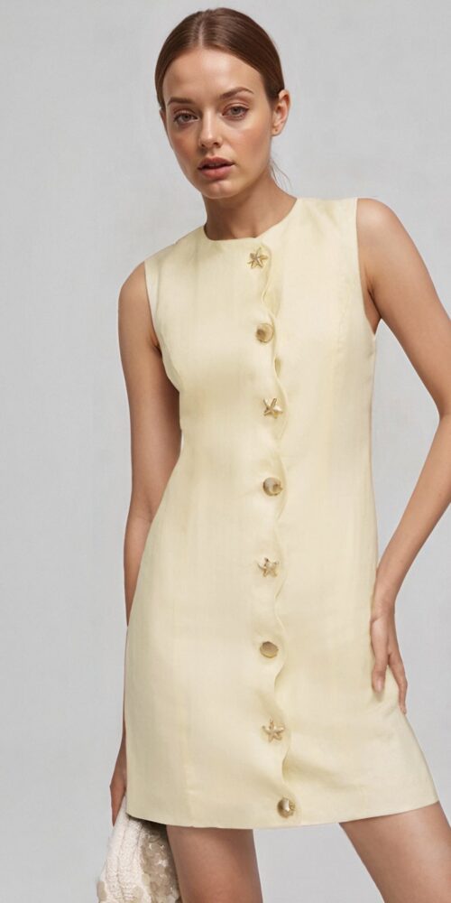 O1CN01LwBDzK1zMCIc39xqd__2217524266699-0-cib PALE YELLOW SLEEVELESS SHELL BUTTON STRAIGHT MINI DRESS