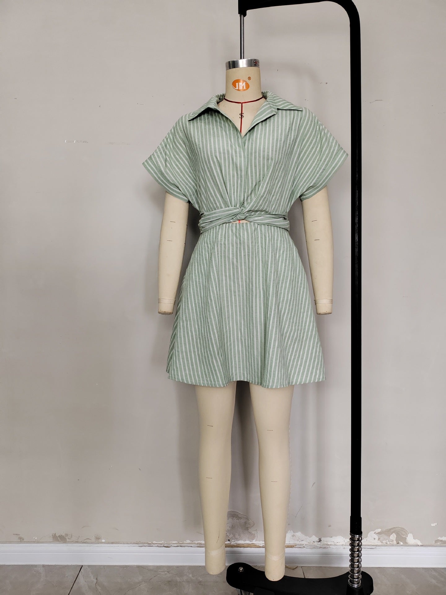 O1CN01Mi7xpB1zMCItWCr5I__2217524266699-0-cib MINT WHITE STRIPE COLLARED TWIST WAIST CUTOUT MINI SHIRT DRESS