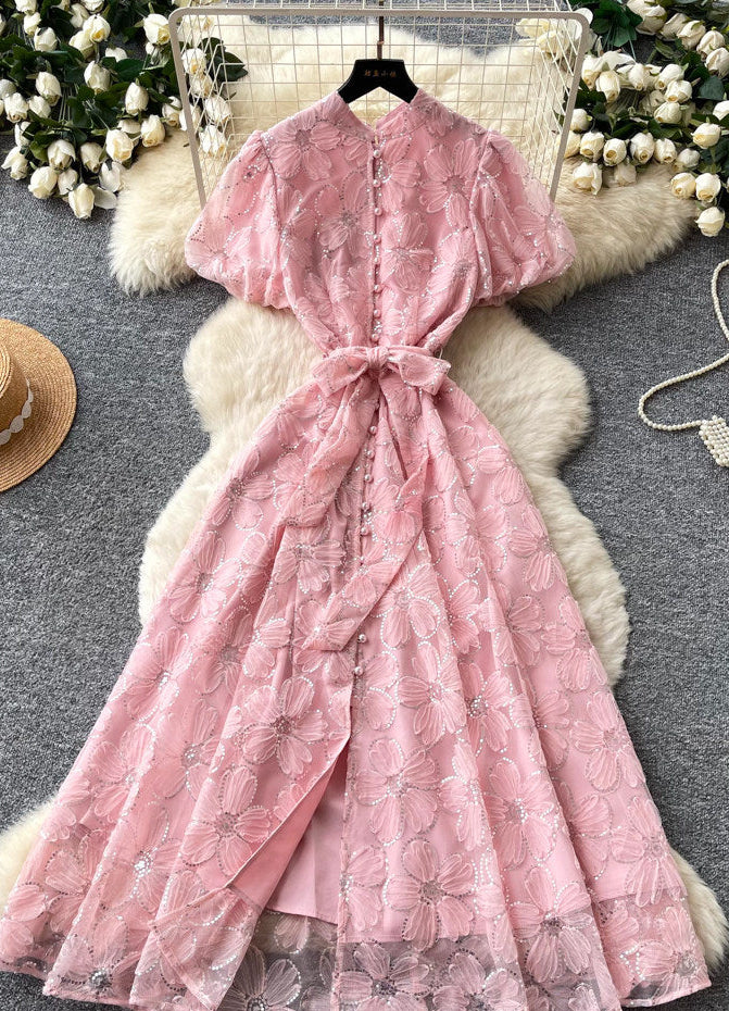LIGHT PINK SHEER ORGANZA A-LINE MIDI DRESS FLORAL APPLIQUE