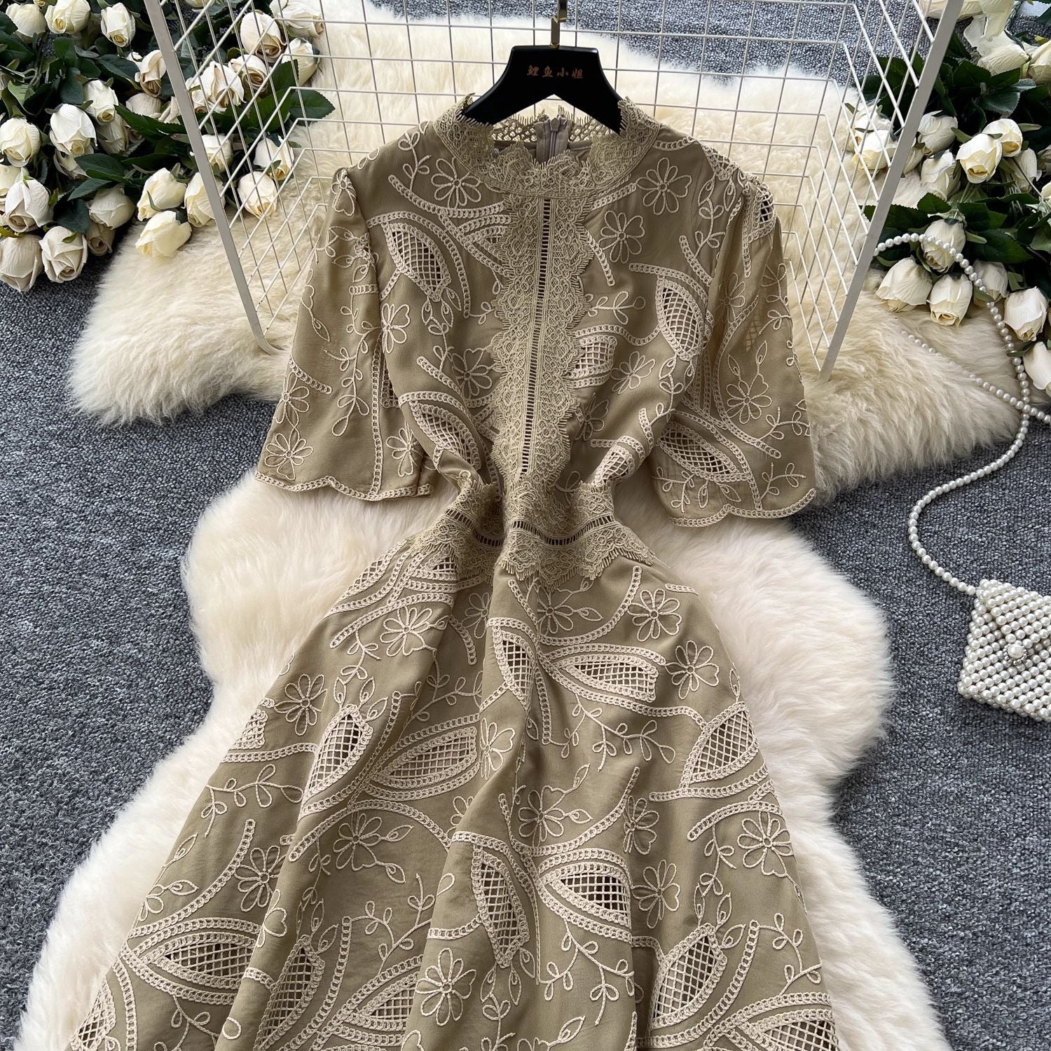 O1CN01MyRrCa1apdOYwYrjK__2220508073379-0-cib BEIGE EMBROIDERED ORGANZA A-LINE MIDI DRESS