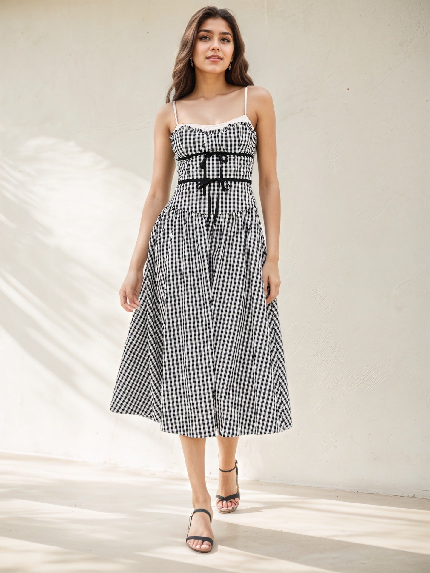 O1CN01NBmado1zMCIMjzTGd__2217524266699-0-cib BLACK WHITE GINGHAM RUFFLE CAMI SELF-TIE WAIST FLOWY MIDI DRESS