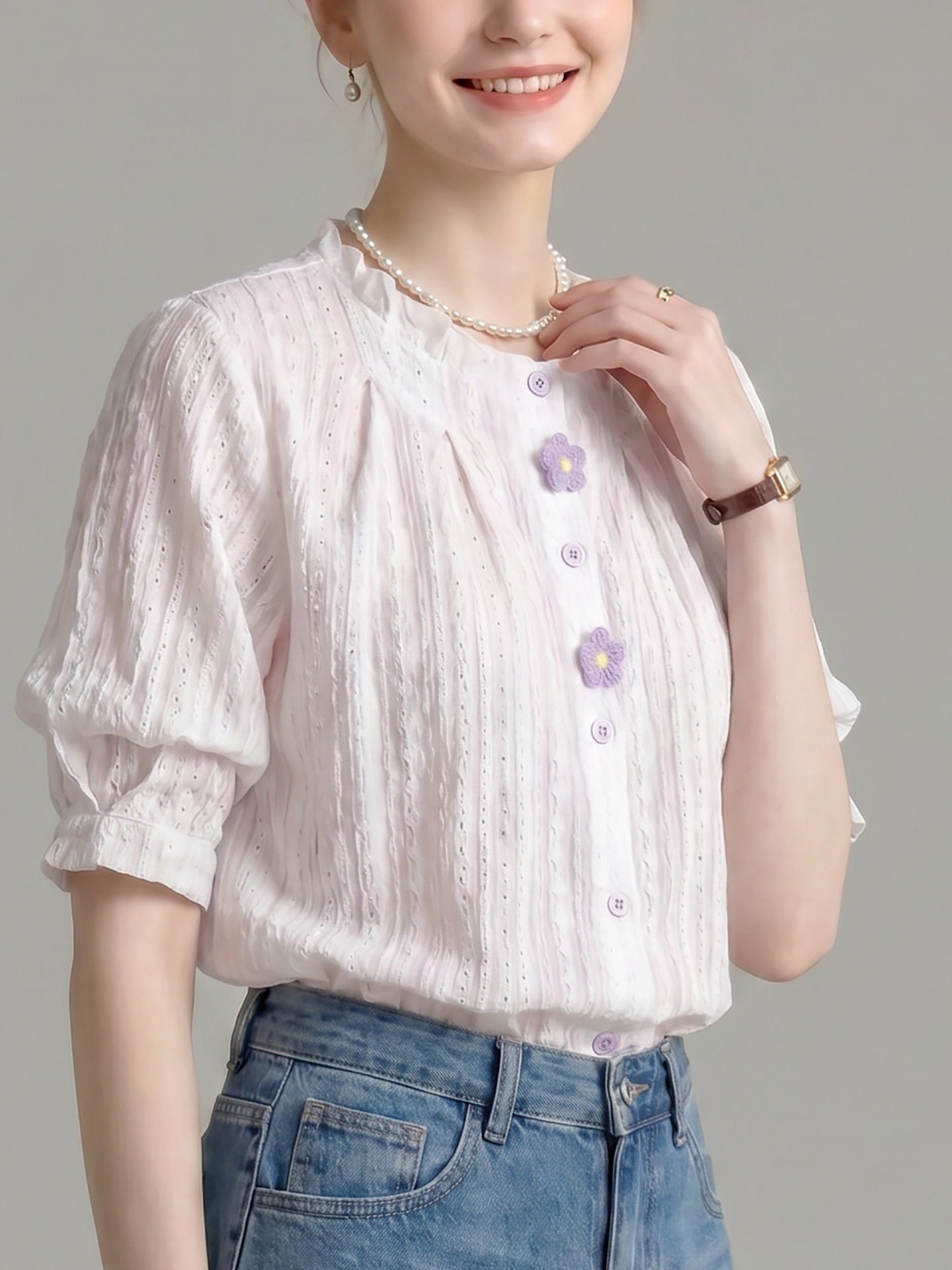 O1CN01NL1BSI1fP8cSaNoD9__163593998 RUFFLED CREW NECK EYELET PUFF SLEEVE BLOUSE WITH FLORAL BUTTONS