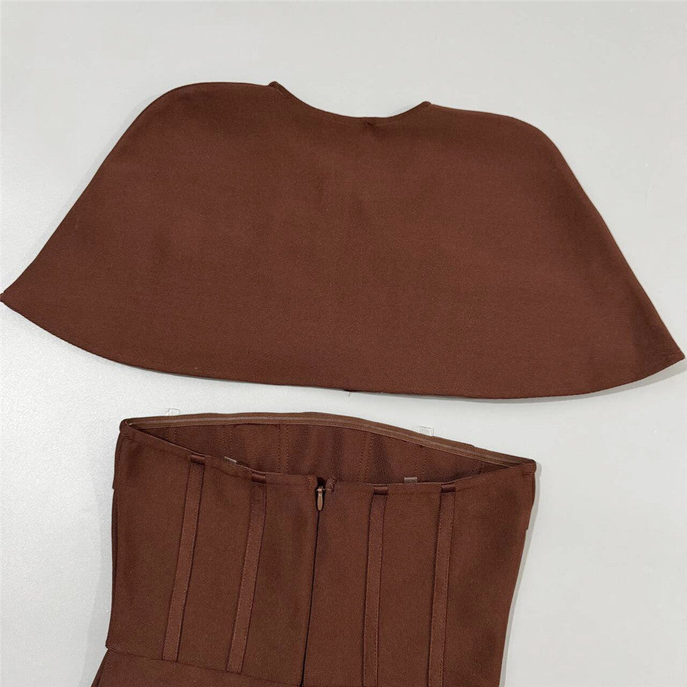 O1CN01NfyW041UDGZFR1B2i__2214680492483-0-cib DARK BROWN CREPE COLUMN DRESS CAPELET OVERLAY