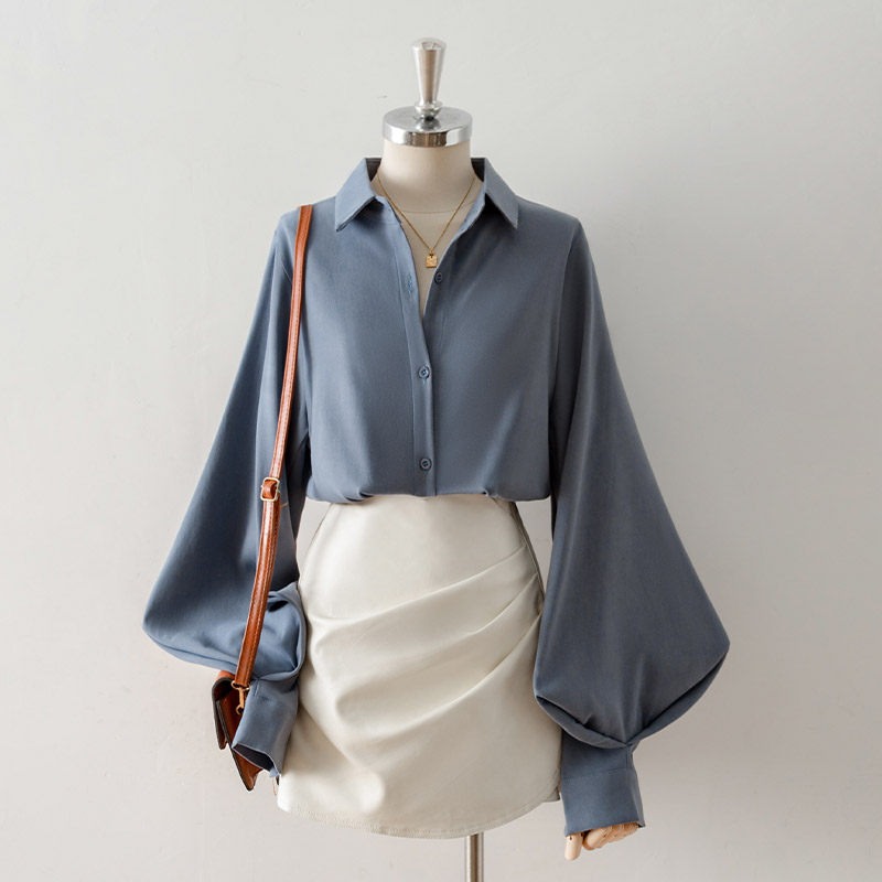 LANTERN SLEEVE POINT COLLAR WORK BLOUSE