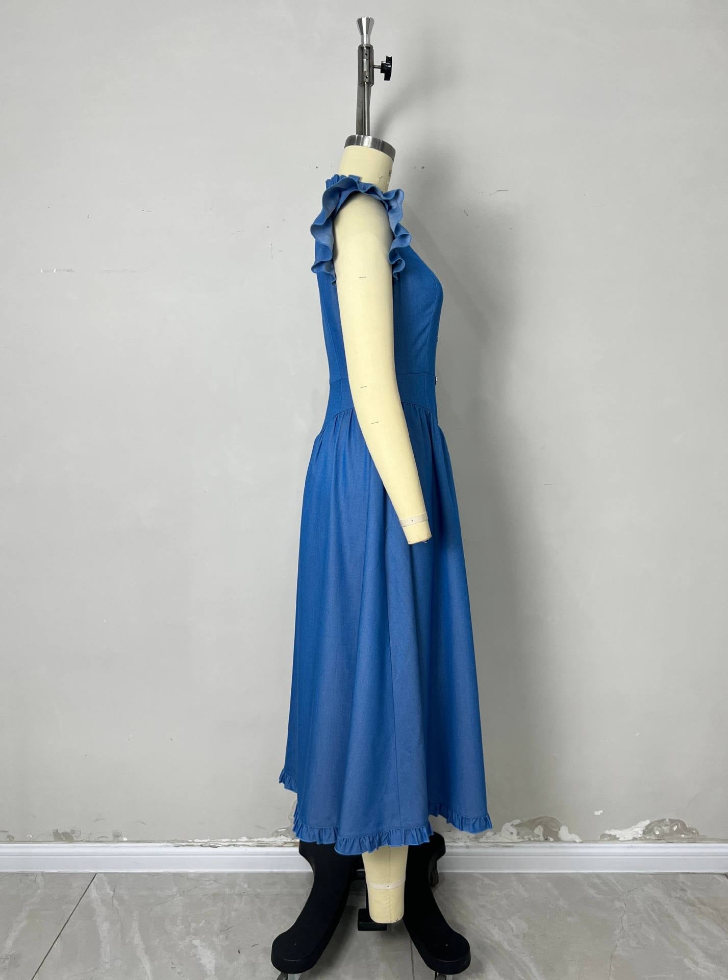 O1CN01OJICEv1zMCJE6oA35__2217524266699-0-cib BLUE RUFFLE CAP SLEEVE BUTTON FRONT FLARED MIDI DRESS