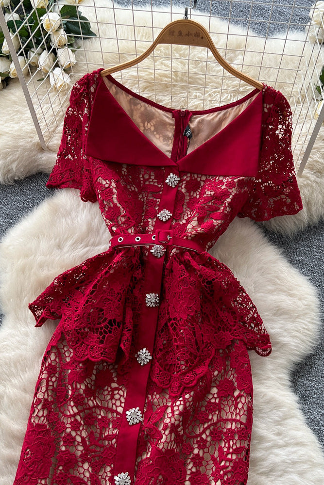 DARK RED PEPLUM LACE SHEATH DRESS, FORMAL