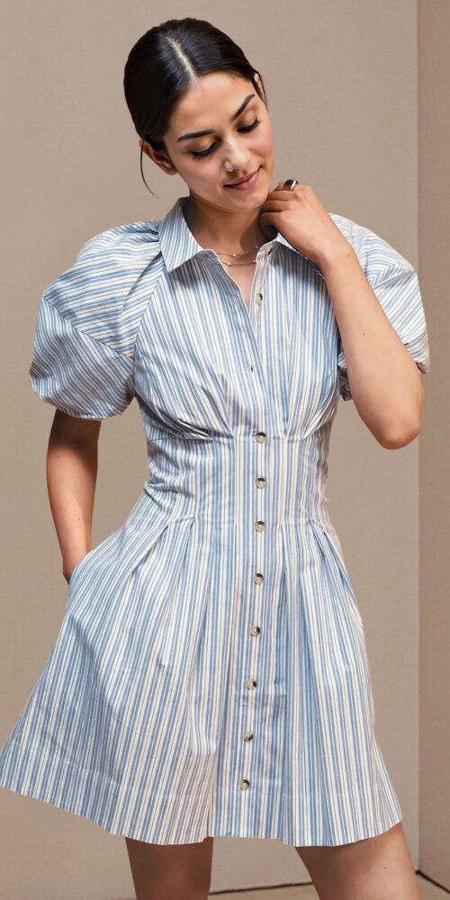 O1CN01OVyj3P1zMCI8JhWzf__2217524266699-0-cib BLUE STRIPE COLLARED PUFF SLEEVE MINI SHIRT DRESS