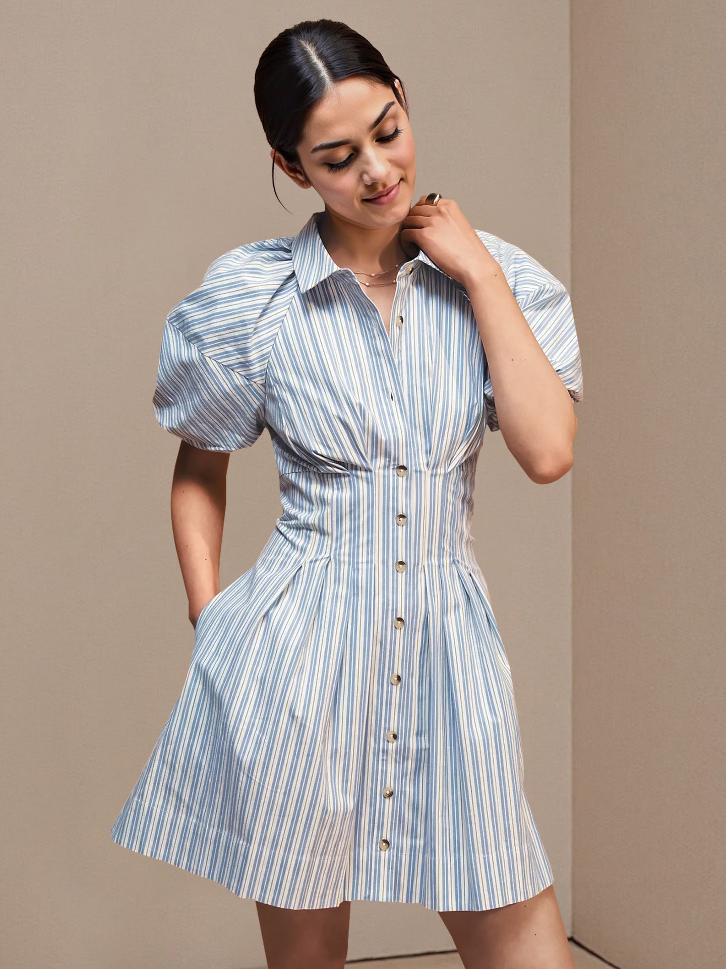 O1CN01OVyj3P1zMCI8JhWzf__2217524266699-0-cib BLUE STRIPE COLLARED PUFF SLEEVE MINI SHIRT DRESS