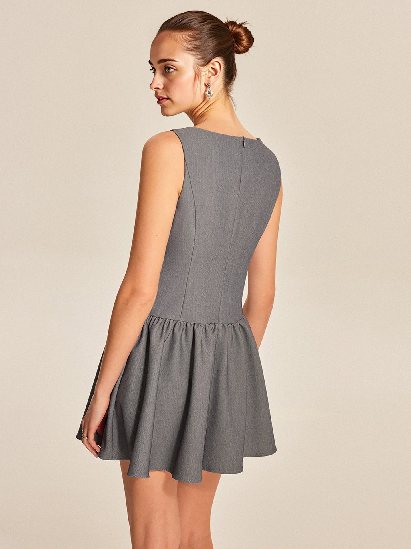 O1CN01OgGJuA1zMCI97ZEvf__2217524266699-0-cib GREY BOAT NECK SLEEVELESS GATHERED FLARE MINI DRESS