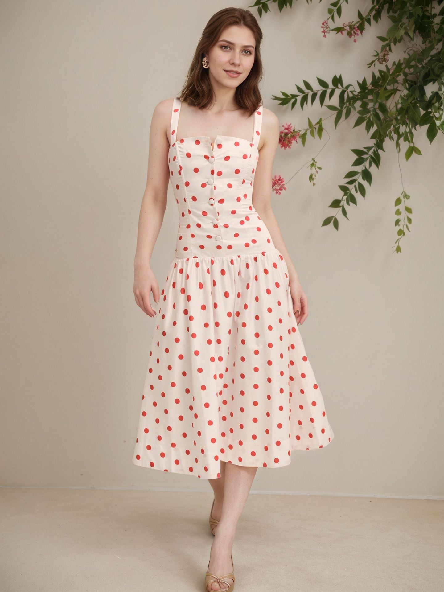 O1CN01OskfH01zMCIRp6WVd__2217524266699-0-cib CREAM RED POLKA DOT FLARED MIDI BUTTON FRONT DRESS