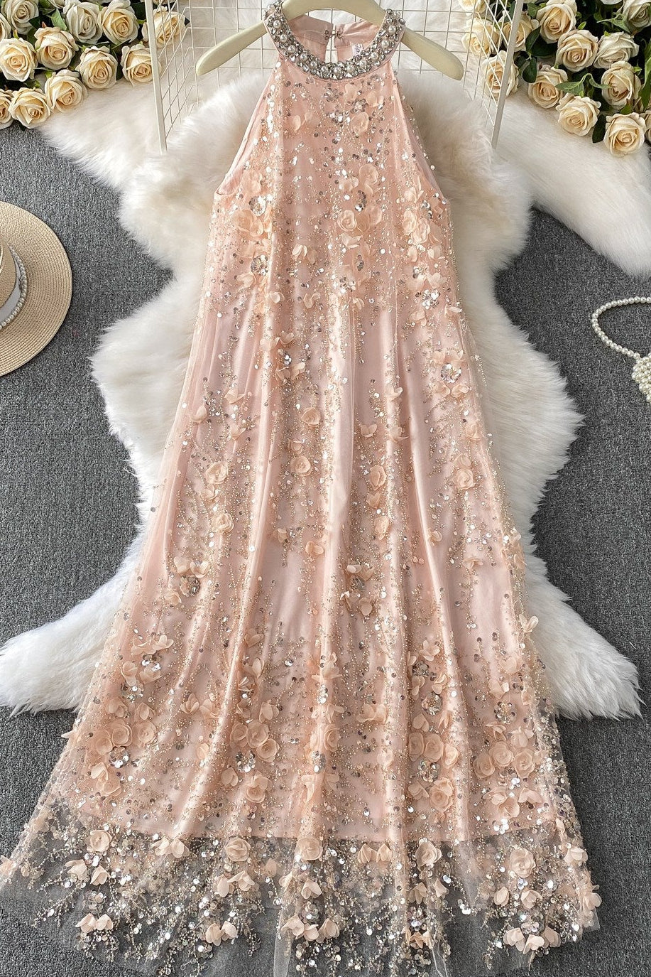O1CN01OxGOzn2IpwlYnZ9PI__2214341149336-0-cib BLUSH PINK TULLE A-LINE SHIFT DRESS FLORAL EMBELLISHMENT