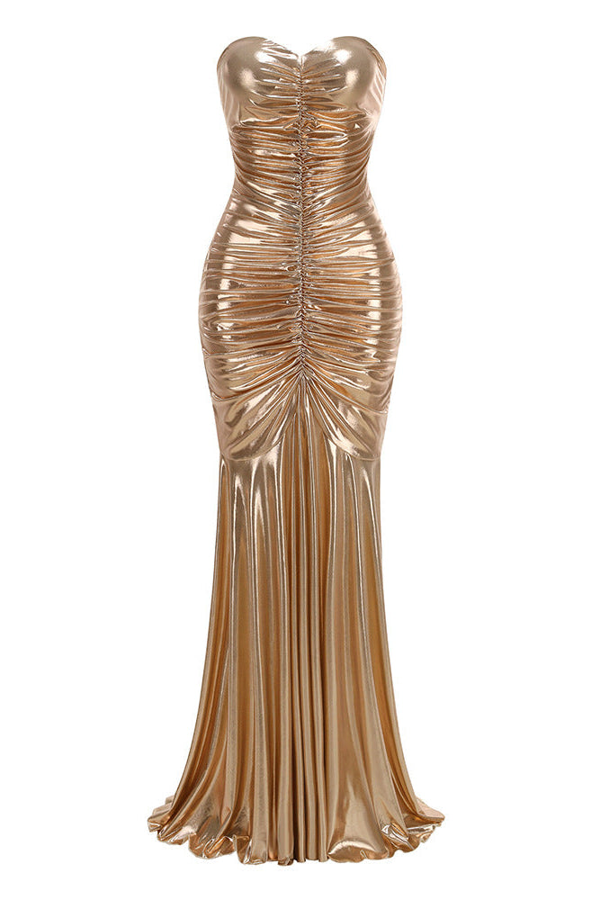 GOLD RUCHED MERMAID EVENING GOWN