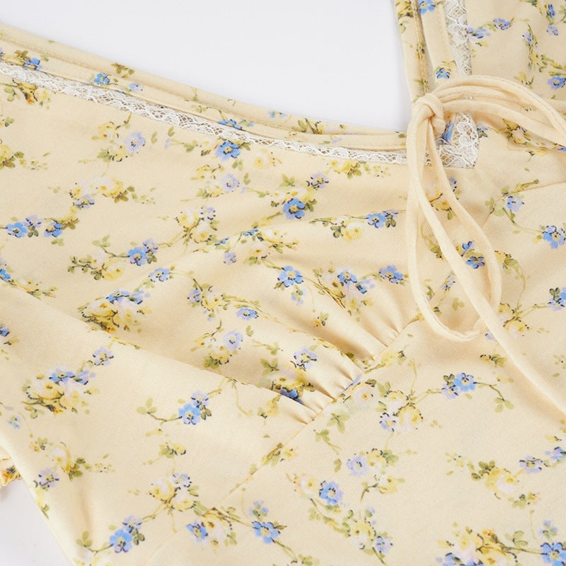 CREAM DITSY FLORAL MAXI DRESS FITTED BODICE FLARED SKIRT