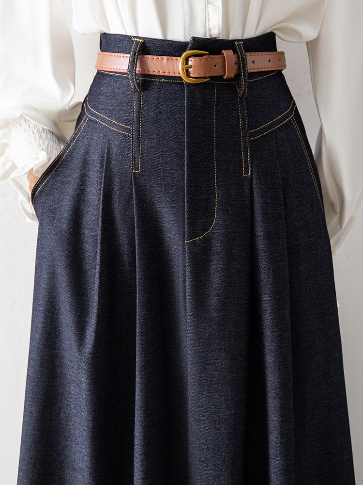 O1CN01PRFwqm1fP8UKo59EE__163593998 HIGH WAIST PLEATED DENIM MIDI SKIRT W/ LEATHER BELT
