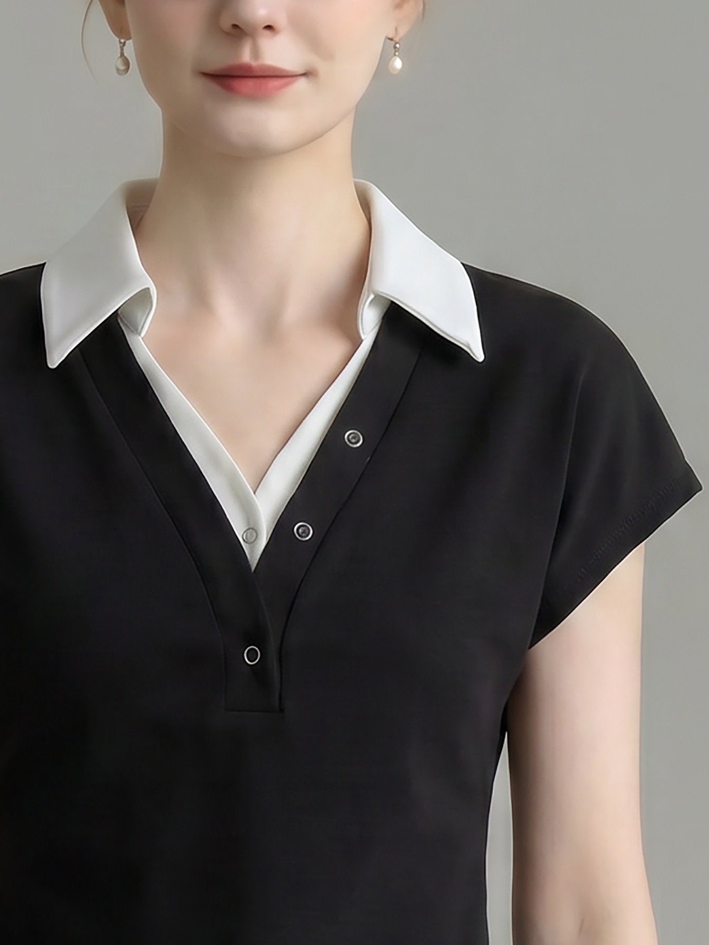 O1CN01PXE2oF1fP8cLc7eO7__163593998 FAKE TWO PIECE COLLARED V NECK CAP SLEEVE ASYMMETRICAL HEM TEE