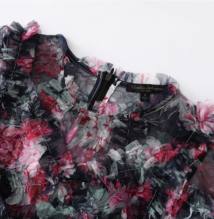 NAVY FLORAL SHEER ORGANZA A-LINE MIDI DRESS 3D RUFFLE