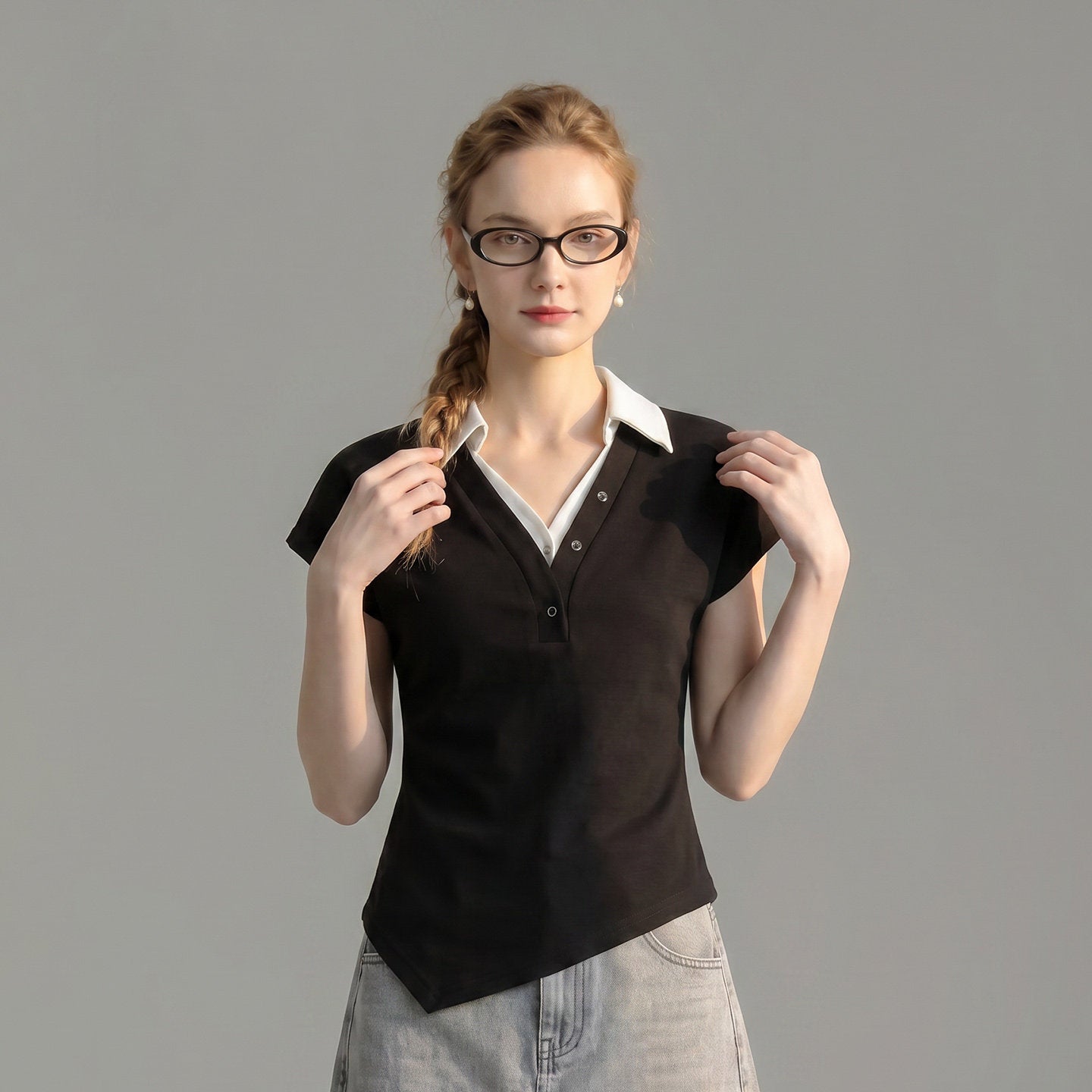 O1CN01PoAe4f1fP8cM6MZcj__163593998 FAKE TWO PIECE COLLARED V NECK CAP SLEEVE ASYMMETRICAL HEM TEE