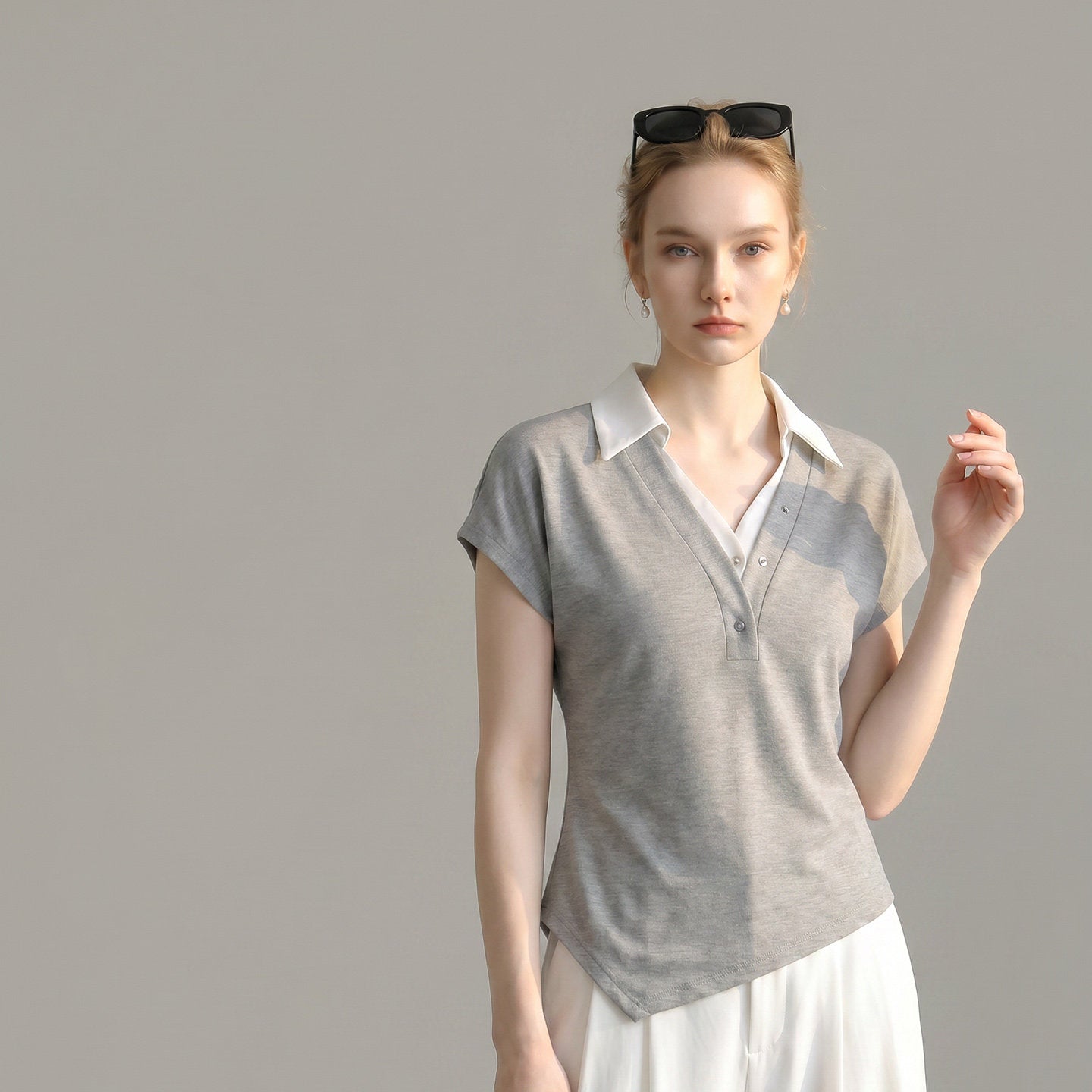O1CN01PpzR8C1fP8cLc7Vrj__163593998 FAKE TWO PIECE COLLARED V NECK CAP SLEEVE ASYMMETRICAL HEM TEE