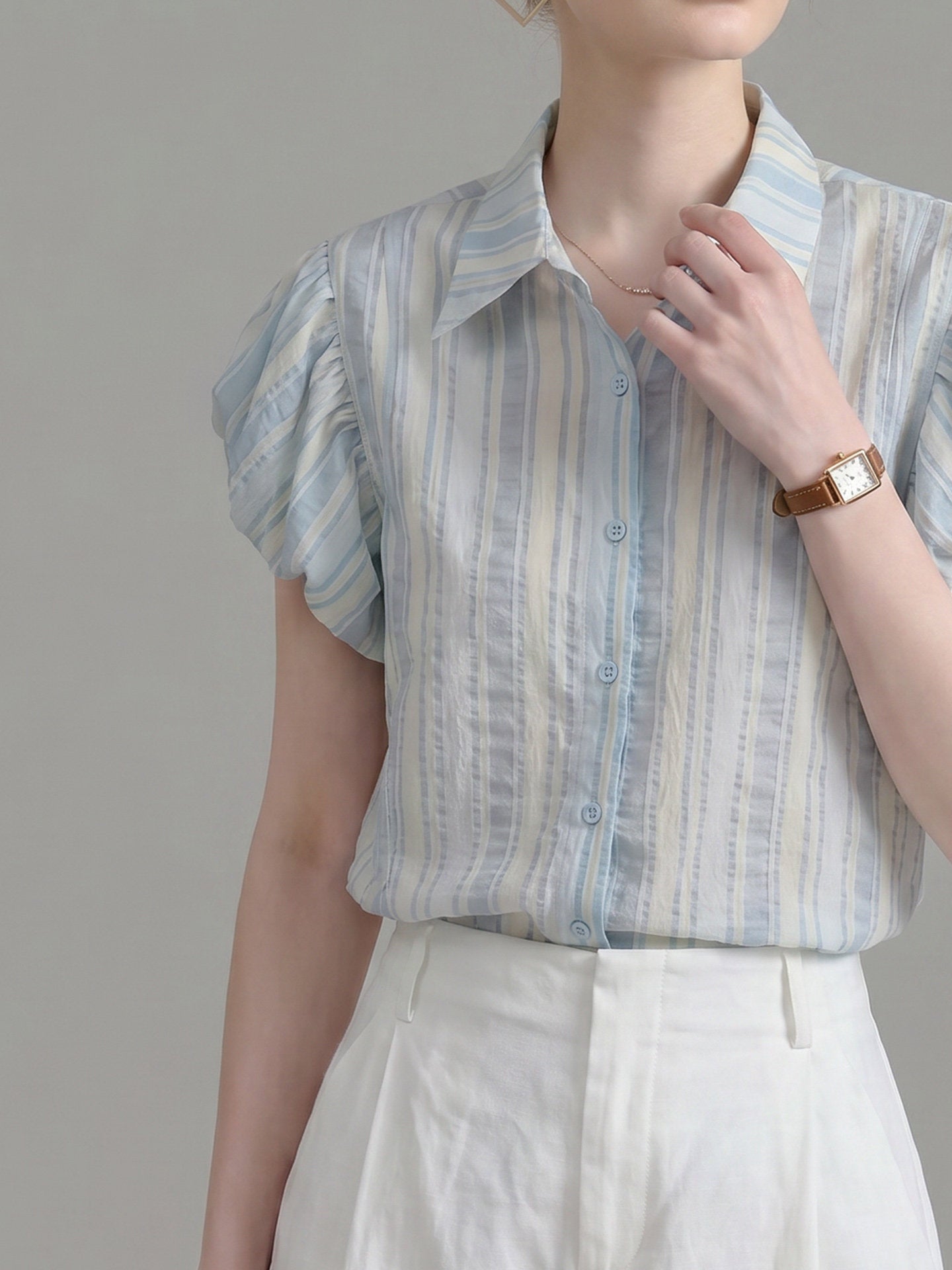 O1CN01Q3ttAv1fP8c6oGUav__163593998 VERTICAL STRIPE PUFF SLEEVE POINT COLLAR WORK SHIRT