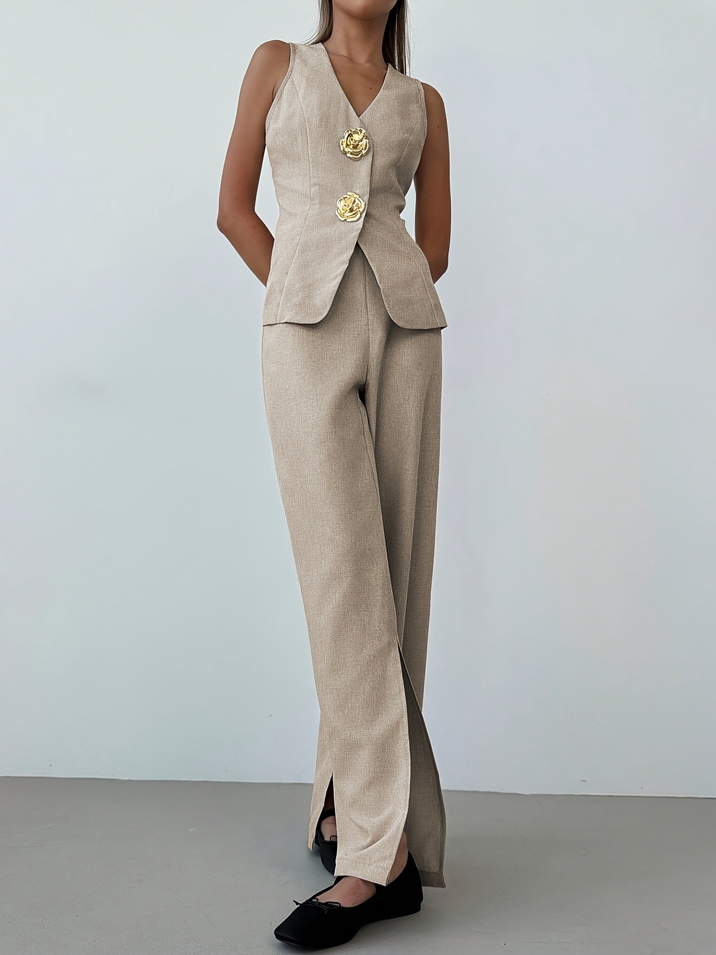 O1CN01QCqEdk1zMCI2QEz2f__2217524266699-0-cib KHAKI WIDE LEG SUIT PANTS, HIGH WAIST FRONT SLIT OFFICE TROUSERS
