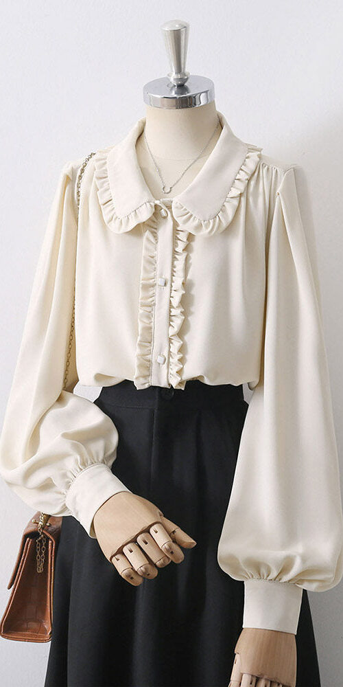 CREAM SATIN RUFFLED PETER PAN COLLAR BLOUSE FOR OFFICE