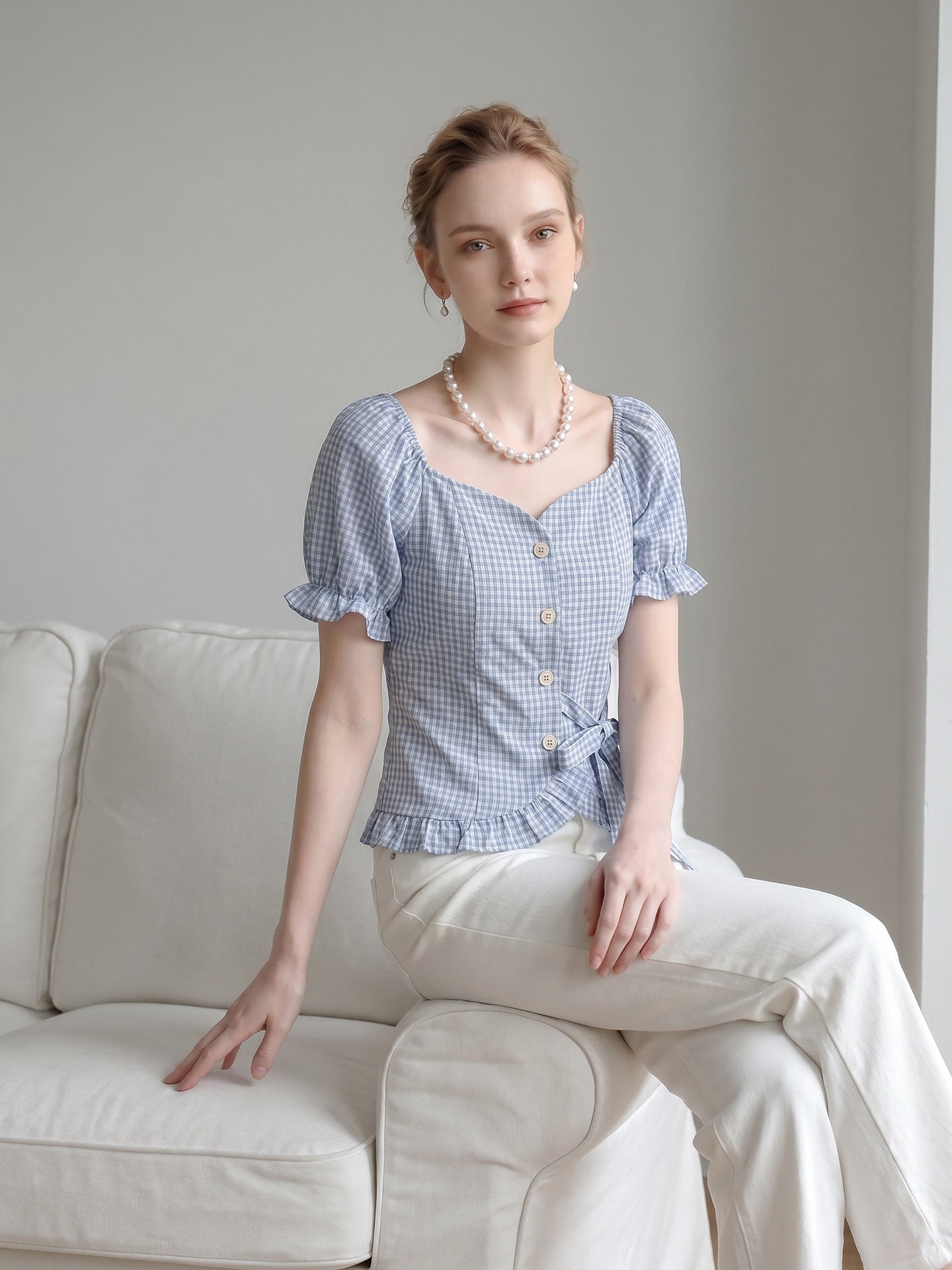 SWEETHEART NECK GINGHAM PUFF SHORT SLEEVE TIE WAIST BLOUSE