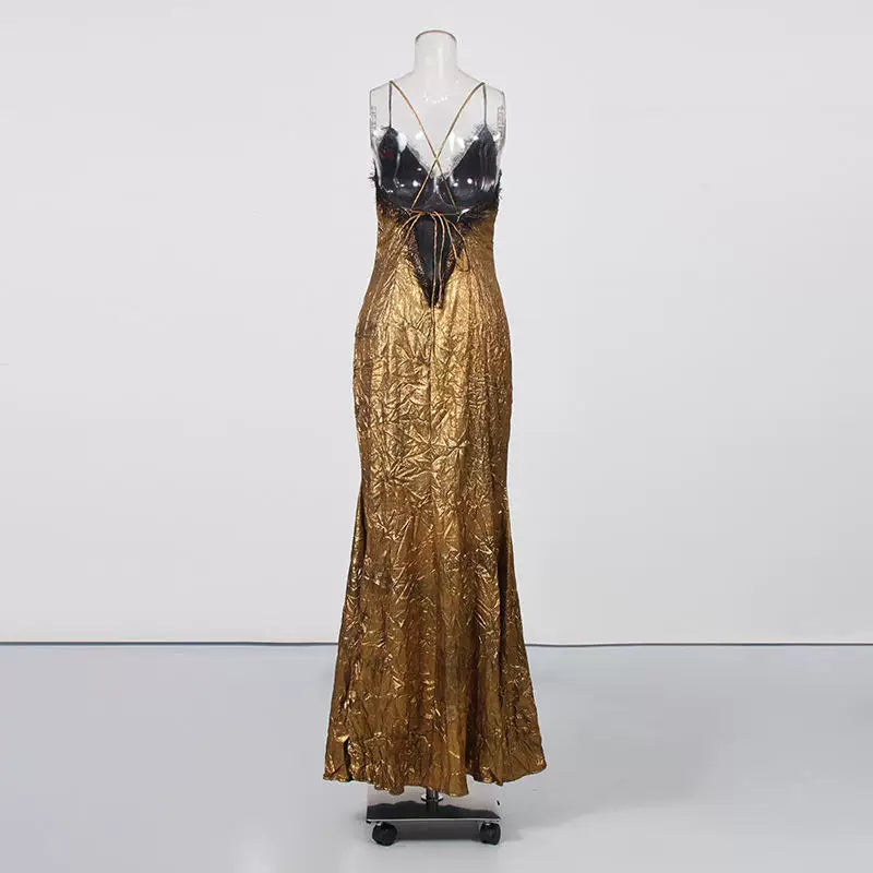 O1CN01QvZX5w293YQs01GYE__3998398012 GOLD LACE TRIM MERMAID MAXI DRESS, SPAGHETTI STRAP EVENING GOWN