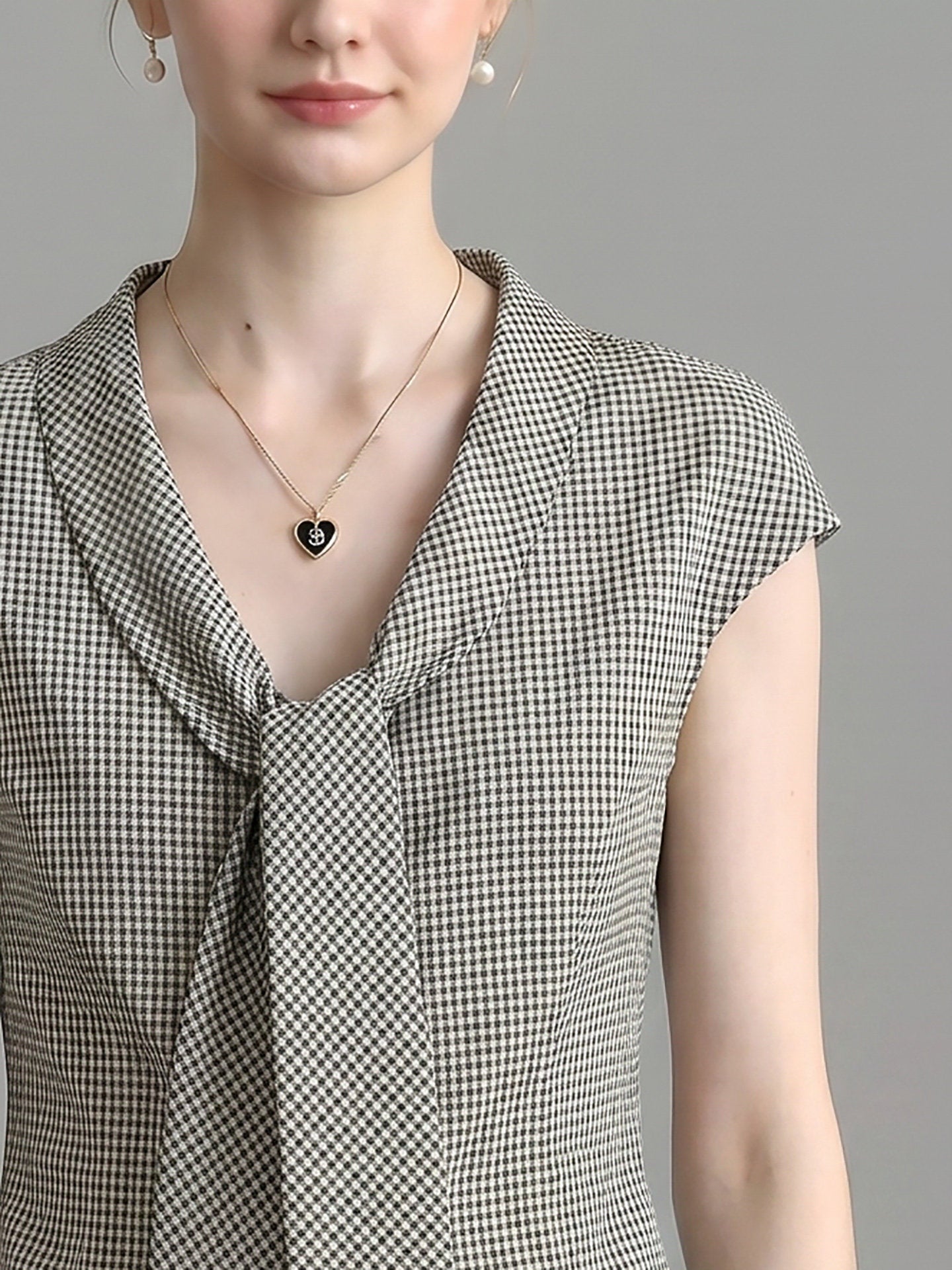 HOUNDSTOOTH LAPEL TIE-NECK CAP SLEEVE SLIM WORK BLOUSE
